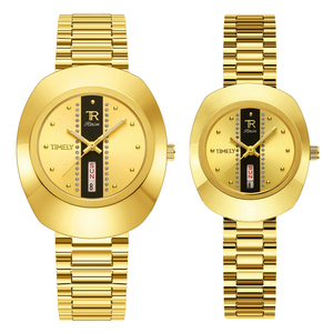 Montre de luxe pour <span class=keywords><strong>couple</strong></span> en or, design haut de gamme avec double calendrier, résistante à l'eau, cadran rond en alliage, montres pour homme et femme - Product Image 1