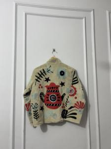 Blouson Bomber en Velours Tricoté Fait Main pour Femme, Broderie Artistique au Dos, Motif Œil, Style Ethnique Bohème, Respirant, Vêtement d'Hiver - Product Image 3