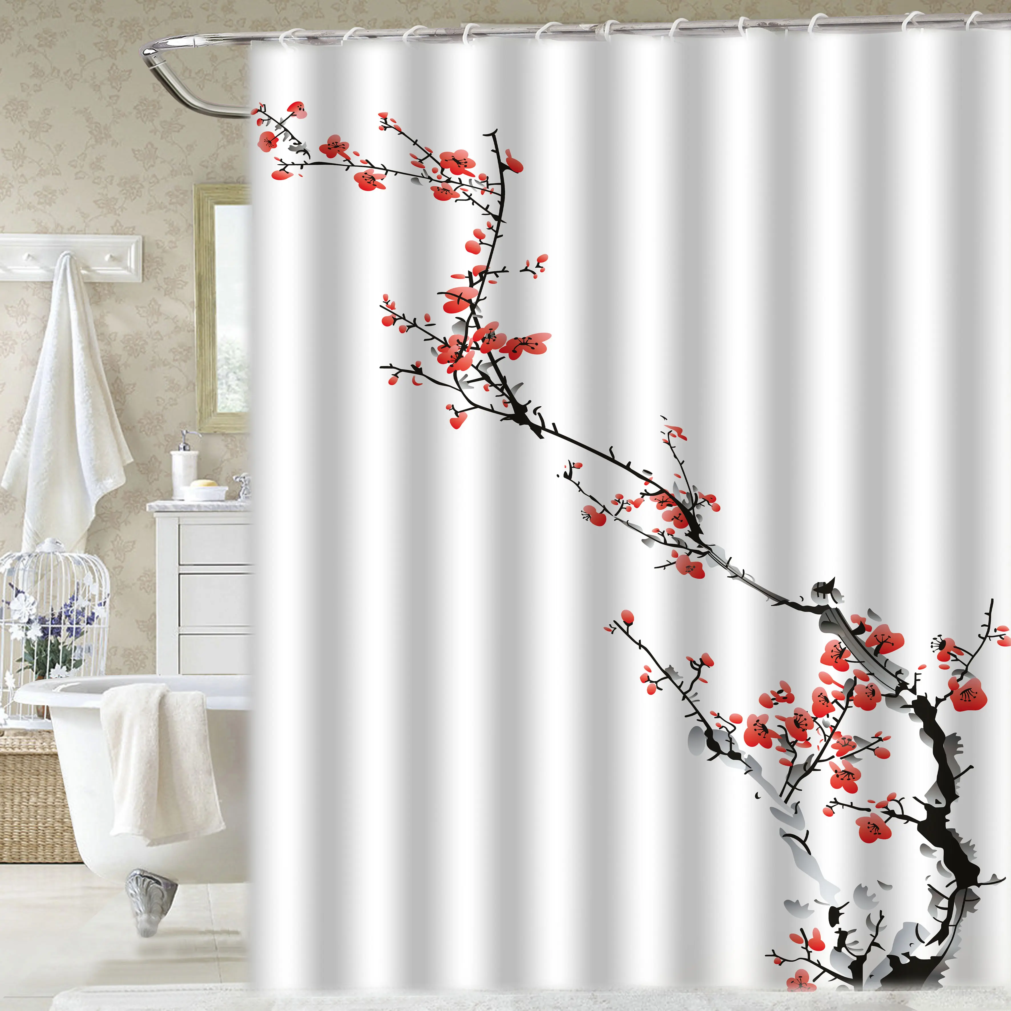 Wholesale Bathroom polyester Mouldproof 3d digital Printing Waterproof Fabric Shower Curtain with plum blossom