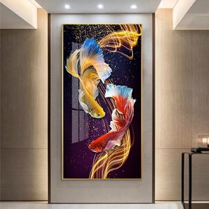 Lussuoso Dipinto Astratto <span class=keywords><strong>di</strong></span> <span class=keywords><strong>Pesci</strong></span> Dorati in Cristallo e Porcellana, Stampa HD, Arte Murale Moderna, Design Personalizzato per Decorazione Casa - Product Image 1