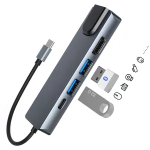 5合1 USB C型集线器适配器电视高清，带千兆局域网快速充电端口Usb集线器3.0，适用于笔记本电脑