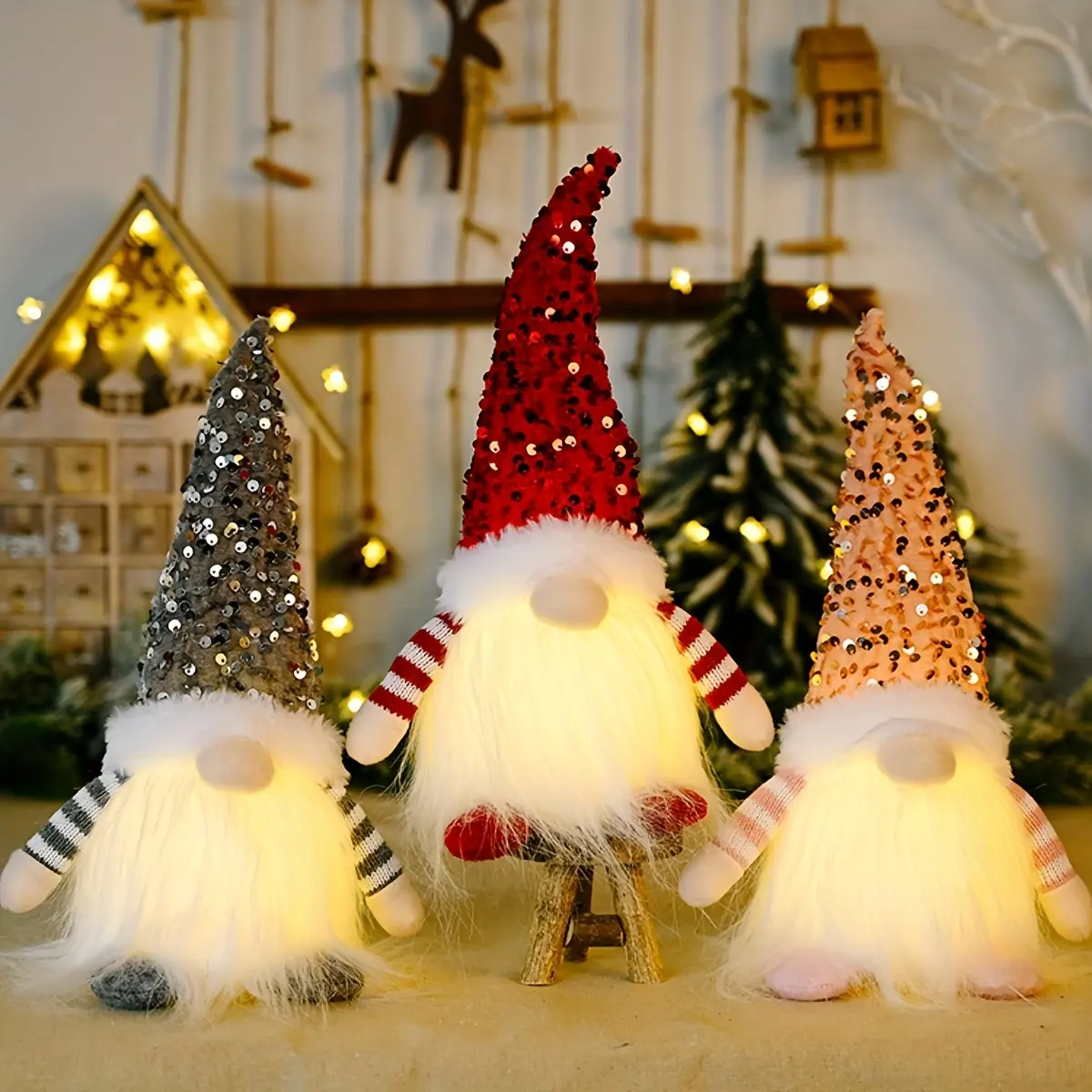 2023 Neues Design Entzückende LED-Licht Weihnachts ferien Pailletten Ornamente Gesichtslose Puppe Weihnachten Tisch dekoration