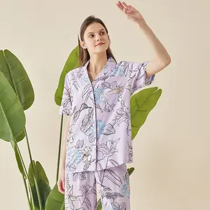 Vente d'usine bas quantité minimale de commande coton modal imprimé même pantoufles en tissu personnalisé dames à manches courtes pyjamas femmes