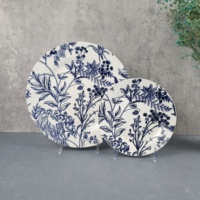 Ensemble de vaisselle en céramique à impression par tamponnage, 18 pièces, bleu et blanc, motif floral européen, ensemble de plats en porcelaine