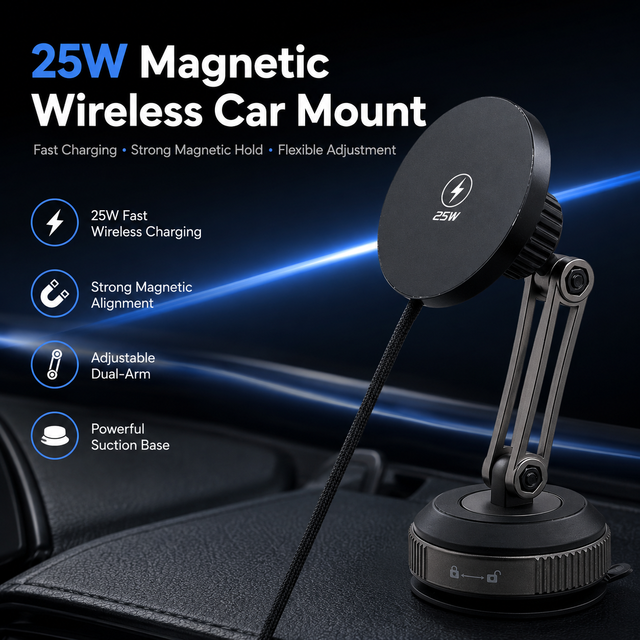 Qi2 25W Magnetic Wireless Car Mount Suction Lock Base Metal Arm Adjustable Viewing Fast Charging -Certified Tesla 1 Year