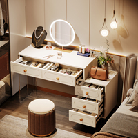 Bureau en bois extensible avec miroir éclairé à 5 tiroirs, base en acrylique, pieds modernes, coiffeuse avec éclairage LED