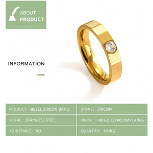 Bezel Zircon Band <b>Ring</b> Stainless <b>Steel</b> 14K Gold Vacuum Plated Minimal Polished <b>Ring</b> Gold and Silver Tone - Product Image 4
