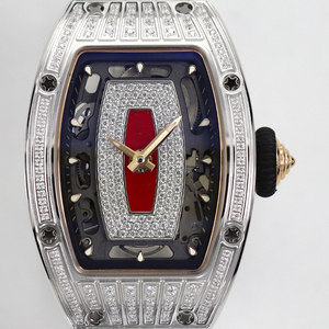<span class=keywords><strong>Montre</strong></span> mécanique automatique de luxe en forme de tonneau de vin 0701 incrustée de diamants, cadran ajouré rouge pour femmes, idéale pour les rendez-vous et les dîners - Product Image 1