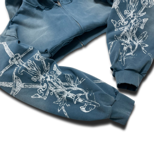 Sudadera con capucha y cremallera de alta calidad, estilo vintage, con estampado de plantas en azul grisáceo, desgastada y con efecto deshilachado, estilo streetwear, para hombre. - Product Image 5