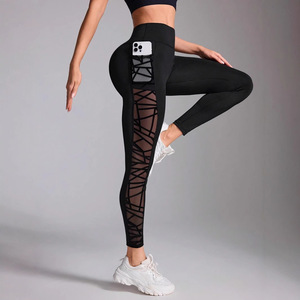 Women's Streetwear High Waist Quick Dry <strong>Leggings</strong> with Mesh Panel and Side Pocket Sleek Geometric Pattern High Stretch Yoga Pants - Product Image 3