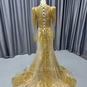 Lscm100 Luxury Gold Mermaid Evening Dress Heavy Beaded <b>Sequin</b> Applique Sheer Long Sleeve V Neck Formal Gown Jancember - Product Image 5