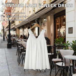 Robe courte en mousseline de soie blanche sans manches à col en V avec bordure en dentelle, robe d'été décontractée ample - Product Image 2
