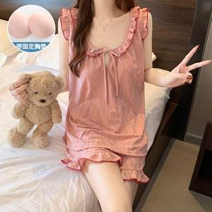 Pantaloncini Sexy all'americana pigiama da donna estivi Set in due pezzi grazioso pizzo a vento puro Color albicocca con cuscino per la casa - Product Image 2