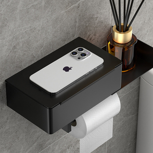 Erogatore per salviettine umidificate per bambini contenitore in tessuto nero e supporto per cellulare ripiano laterale per WC - Product Image 6