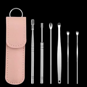 Travelling Size Silver 6pcs Stainless Steel Ear Wax Pick Tools Set Ear Wax Removal Cleanser Ear Wax Pick Sticks