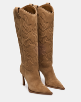 Bottes de cowgirl en daim à talon aiguille pour femmes, style western brodé, hauteur genou