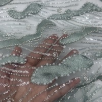 Tissu de mariée en tulle brodé de sequins verts 100% polyester, appliqué perlé, pour robe de soirée, robe de couture, mode de luxe