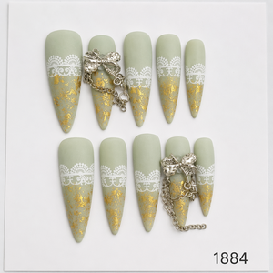 Faux ongles longs à presser en dentelle et feuille d'or, couvrance totale, style français, amovibles, pour usage professionnel en salon - Product Image 2