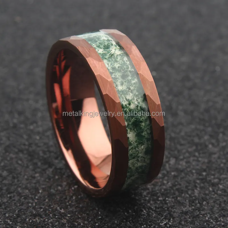 Nature Green Moss Agate Ring, Brown Hammer Tungsten Ring Inlay Moss Agate, Men Wedding Band