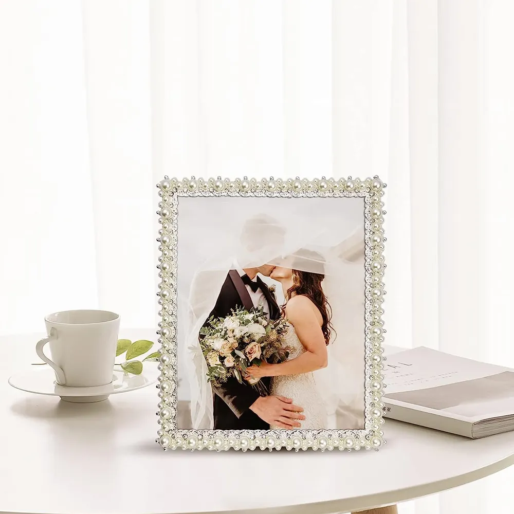 8x10 Picture Frame with Pearl and Crystal Decor for Wedding Photo Metal Photo Frame for Wedding Gifts