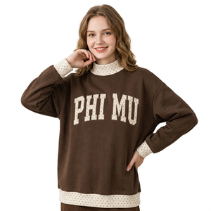 Sudadera de cuello redondo para mujer Phi Mu, color verde azulado con ribete de lunares, de algodón tejido transpirable, para invierno, con cuello simulado. - Product Image 6