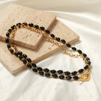 Colliers en agate de haute qualité pour femmes Pulls pour filles Longs fermoirs OT en acier inoxydable Chaîne de perles noires