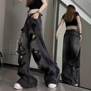 Vaqueros rotos transpirables y bonitos para chica moderna, estilo urbano americano, para figura tipo pera, pantalones anchos versátiles de pierna recta y holgada. - Product Image 3