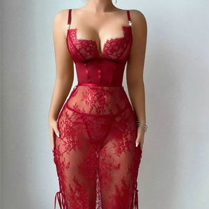 Trendy Sexy Women's Dress Design With Suspender Lace Embroidery Hollowed Out Transparent Sexy Hip Hugging Dress for Women - Product Image 1