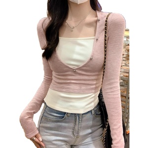T-shirts à manches longues respirants pour femmes, couleur printemps-automne, col semi-ouvert, finition délavée, bas ajusté, superposé, bleu et <span class=keywords><strong>blanc</strong></span> - Product Image 1