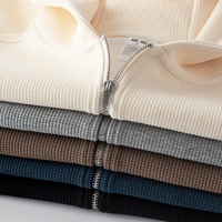 Cardigan zippé à capuche en maille gaufrée, style rétro japonais, coupe ample, couleur unie, tendance, pour homme, en mélange de coton, collection automne