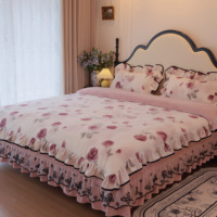 Parure de lit 4 pièces en velours de lait 100 % polyester rose pâle, antistatique, avec dentelle papillon et jupe de lit matelassée
