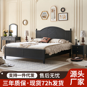 Retro American Style Solid Wood Platform Bed 1.5m 1.8m Black Cherry Color <b>Pine</b> Wood Simple Design For Small Apartments Master - Product Image 2