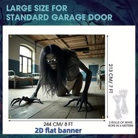 Spanduk Kain Tekstil Datar 2D 1 Buah Cetak Digital Halloween Pemandangan Jendela Garasi Berhantu Labu Bercahaya Tengkorak Gotik