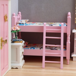 Meubles miniatures en bois <span class=keywords><strong>pour</strong></span> <span class=keywords><strong>maison</strong></span> <span class=keywords><strong>de</strong></span> poupée 1:12, modèle <span class=keywords><strong>de</strong></span> chambre d'enfant, lit superposé rose à deux étages - Product Image 4