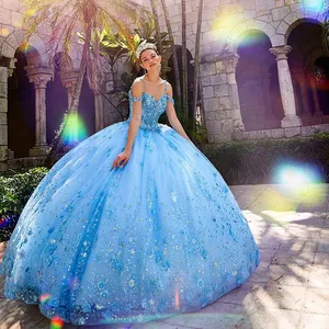 W-S1028A Blue Princess Quinceanera abiti con scollo a V in pizzo Appliques in rilievo con paillettes in raso Junior Girls Birthday Party Dress