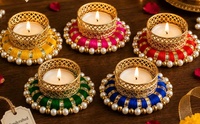 Ensemble de 5 bougeoirs artisanaux écologiques légers pour Diwali, base en métal doré tressé avec fils colorés, décoration traditionnelle pour la maison