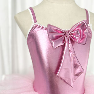 Traje de Danza Jazz Metálico Rosa para Niñas, Falda de Tul en Capas con Lazo para el Cabello a Juego, para Actuaciones de Ballet y Danza Escénica - Product Image 3