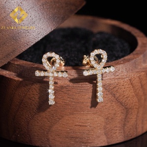 Vintage Style Cross Ankh 10K Soild Gold Pave Lab Grown Diamond Earrings Classic Screw Back Earrings Women <b>Jewelry</b> - Product Image 4