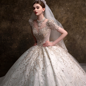 LSHT126 Modern Long High Neck Sequined Beaded Floral Lace Crystal <b>Appliques</b> Wedding Bridal Gowns Dresses for Women - Product Image 3