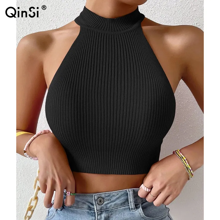 Bclout/QINSI Y2k Clothes Femme Stretch Cropped Tank Women Basics Solid Casual Ribbed Knit Sleeveless Halter Crop Top