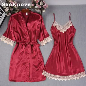 SacKnove Y120模仿冰丝吊带睡裙睡裙加尺码套装女性2件套内衣配睡袍