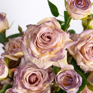 Roses artificielles en soie faites à <span class=keywords><strong>la</strong></span> main, 3 têtes, effet brûlé, couleur rose poussiéreuse, pour Pâques, Noël, mariage, fête - Product Image 5