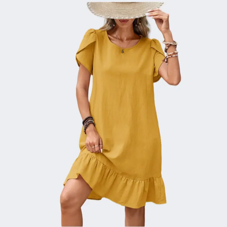 Vestido feminino de verão com gola redonda amarela, bainha de folhas de lótus e manga curta, vestido casual de desenho de fábrica