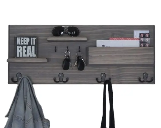 JUNJI Rustic Wood Key Holder for Wall and Mail Shelf Unique and Industrial Home Decor Wooden Entryway Organizer Holder Rack