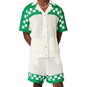 <strong>Wholesale</strong> Custom Logo 100%Cotton Man Knitwear Crochet Open Knit Set Short Sleeve Shorts High-Quality Polo OEM Summer <strong>Sweater</strong> - Product Image 1