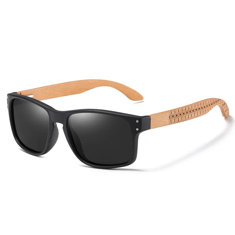 Lunettes de soleil en bambou à monture carrée en PC avec motifs gravés dans le temple Lunettes de soleil polarisées UV400 pour hommes