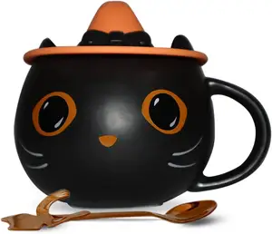 Cat Mug for Lovers | Cute Cup with a Witch Hat Lid an Adorable Spoon Ceramic Coffee & Tea Mugs Gift for Cat 12 oz Black