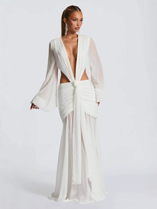 Chic thời trang mới giản dị xếp li mỏng v-cổ Midi ăn mặc retro phụ nữ dài tay áo mô hình rắn <span class=keywords><strong>maxi</strong></span> chiều dài tự nhiên - Product Image 6