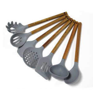 7 Piece Kitchen <b>Tools</b> Cookware Wares Accessories Acacia Wooden Bamboo <b>Silicone</b> Appliances and Cooking Utensils Set - Product Image 1