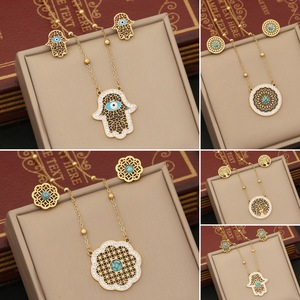 Orecchini Vintage 2 pz/set placcato oro 18K albero della vita in acciaio inox turchese <span class=keywords><strong>Hamsa</strong></span> collana ciondolo a mano Set gioielli - Product Image 1